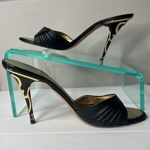 Escada Sz 39 Black Leather Lucite Gold and Black Art 4” Heels Slides Sandals